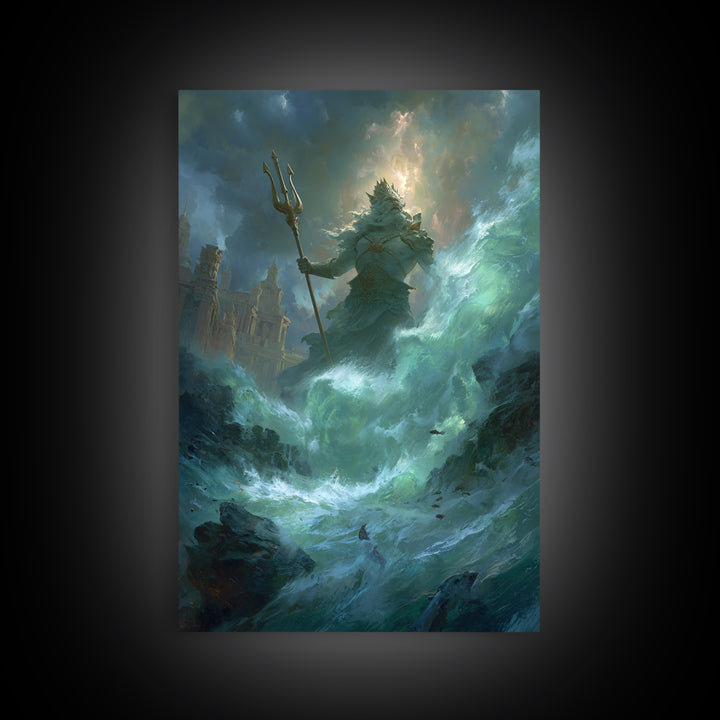 Colossal Sea God With Trident Canvas Print, Mythological Ocean Wall Art, Fantasy Seascape Decor, Dramatic Coastal Gift For Him