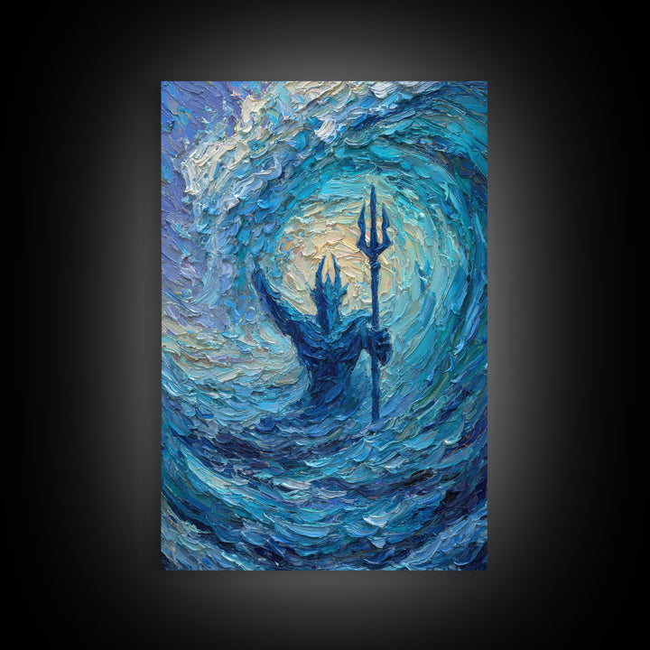 Sea God With Trident In Turquoise Wave Canvas Print, Poseidon Ocean Wall Art For Coastal Living Room Decor And Mythology Art Gift