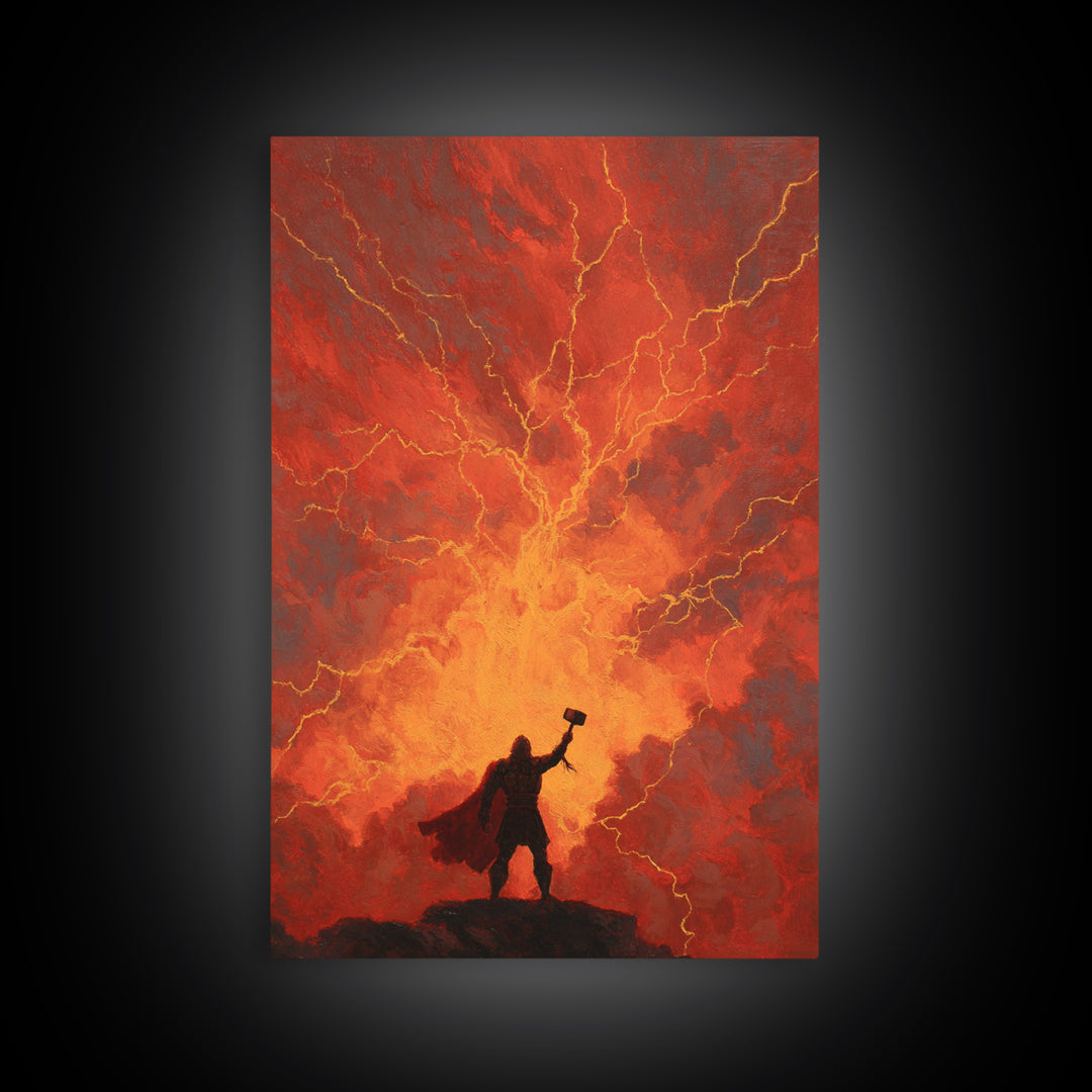 Thor Hammer Lightning Wall Art, Norse Mythology Storm Painting, Dramatic Red Sky Canvas Decor For Fantasy Home Office Gift