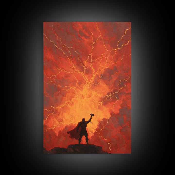 Thor Hammer Lightning Wall Art, Norse Mythology Storm Painting, Dramatic Red Sky Canvas Decor For Fantasy Home Office Gift