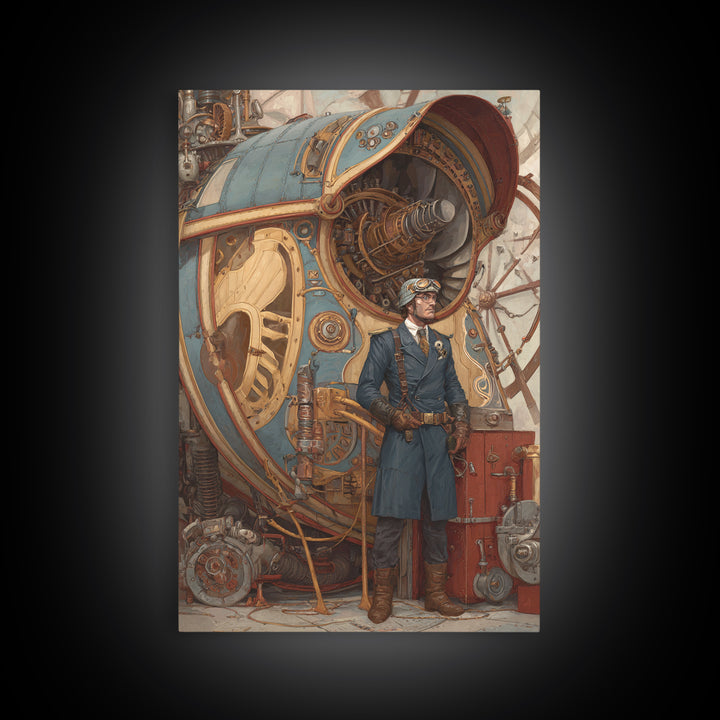 Steampunk Aviator Beside Airship Engine Framed Canvas Print, Industrial Wall Decor, Fantasy Art, Office Decor, Gift For Him