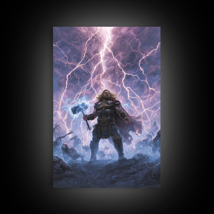 Thunder Warrior With Hammer In Lightning Storm Wall Art, Norse Mythology Canvas Print, Viking Decor, Epic Fantasy Gift For Him