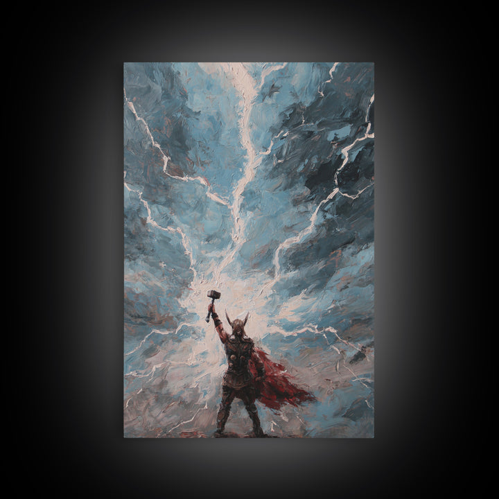 Norse Thunder Warrior Raising Hammer Wall Art, Lightning Storm Canvas Print For Fantasy Decor And Mythology Gift For Him