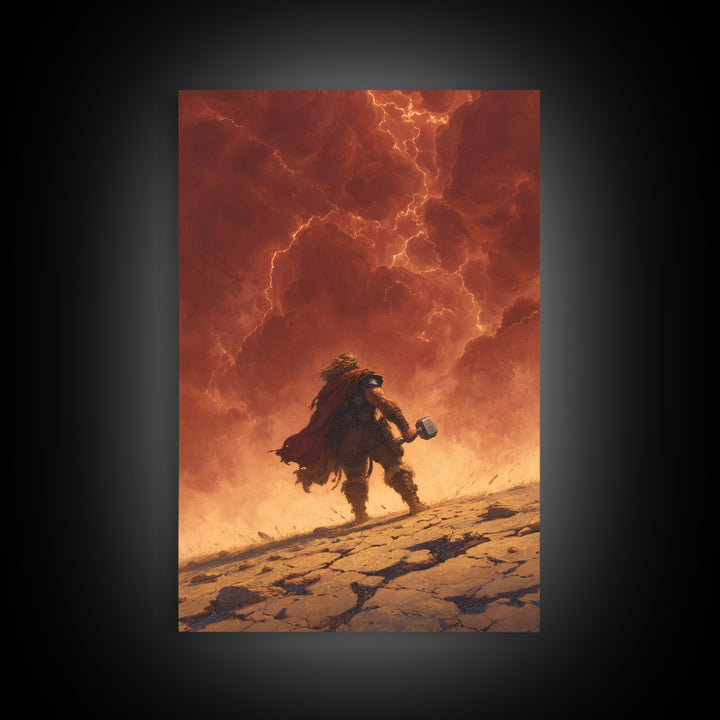Epic Norse Thunder Warrior Under Fiery Sky Wall Art, Mythic Hammer Canvas Print, Dramatic Viking Fantasy Decor, Gift For Him