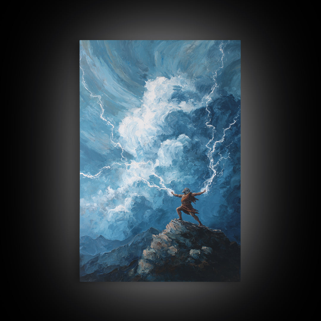 Tiny Warrior On Mountain Summoning Lightning Wall Art, Epic Storm Canvas Print For Fantasy Landscape Decor And Gift For Him