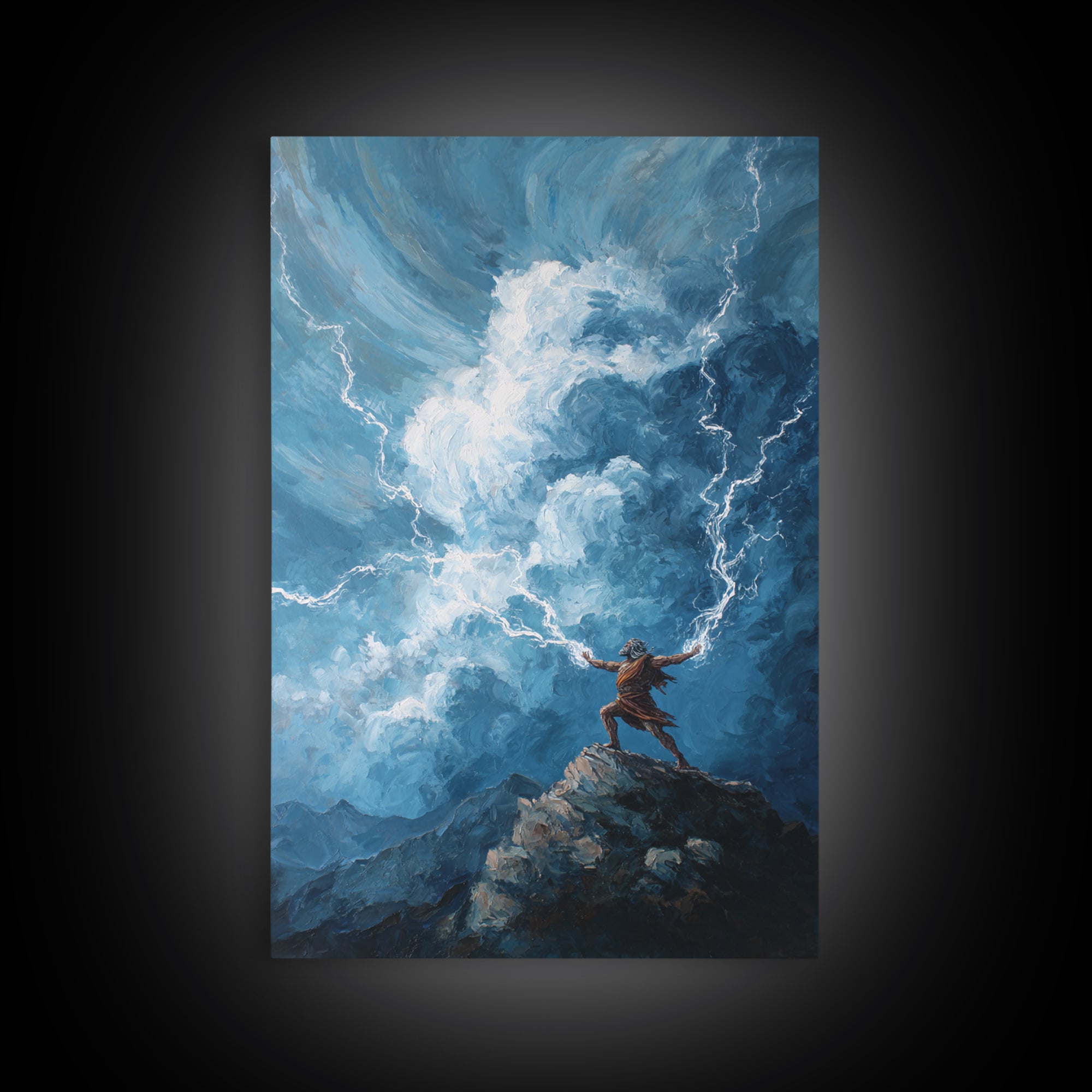 Tiny Warrior On Mountain Summoning Lightning Wall Art, Epic Storm Canvas Print For Fantasy Landscape Decor And Gift For Him
