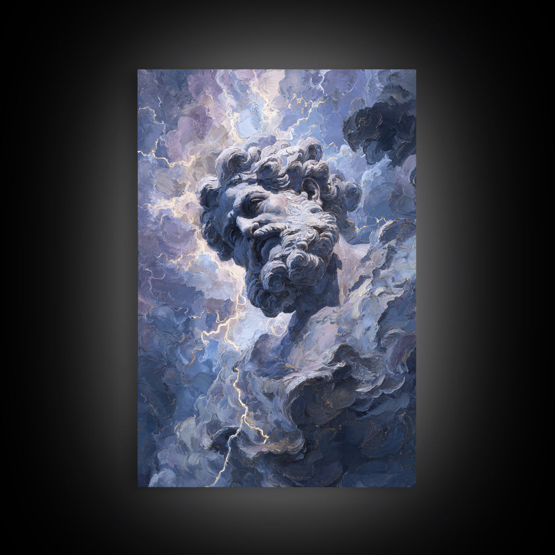 Classical Marble God In Thunder Clouds Framed Canvas Print, Mythology Wall Art, Dramatic Storm Decor, Dark Academia Gift