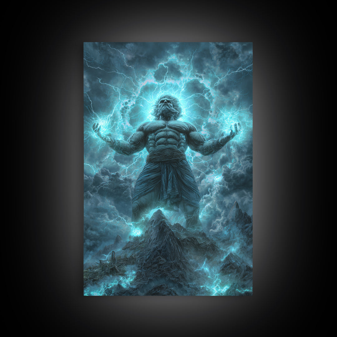 Titan Storm God Above Mountains Wall Art, Mythological Lightning Canvas Print, Fantasy Landscape Decor, Powerful Gift For Him