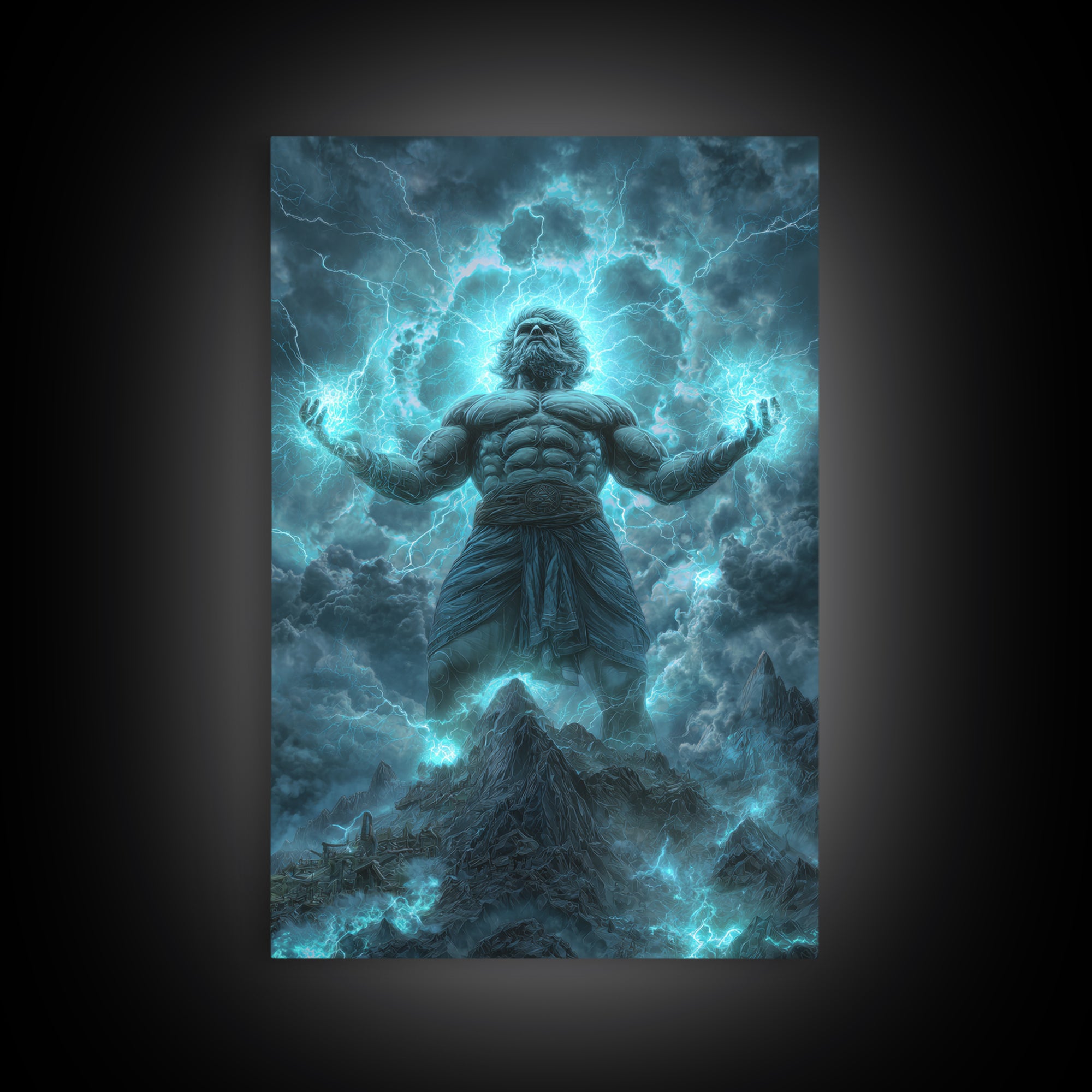 Titan Storm God Above Mountains Wall Art, Mythological Lightning Canvas Print, Fantasy Landscape Decor, Powerful Gift For Him