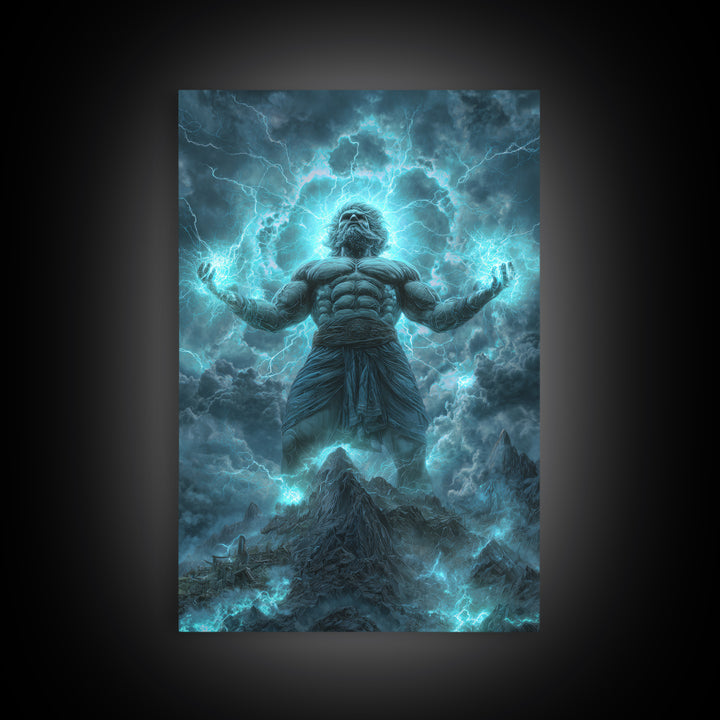 Titan Storm God Above Mountains Wall Art, Mythological Lightning Canvas Print, Fantasy Landscape Decor, Powerful Gift For Him