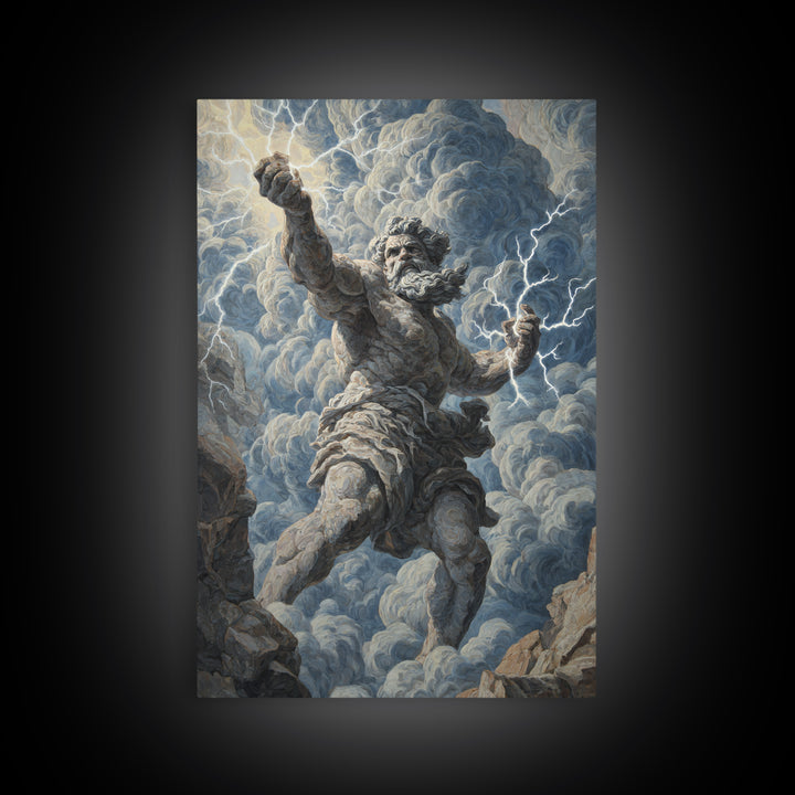 Zeus Lightning God Wall Art, Greek Mythology Statue Painting, Dramatic Storm Clouds Canvas Decor For Classical Home Gift