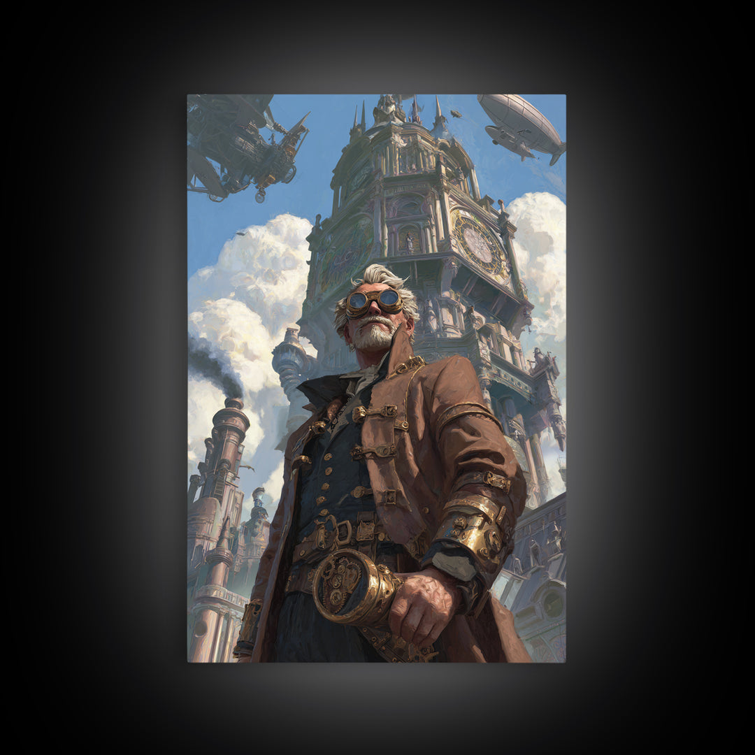 Steampunk Explorer In Futuristic City Wall Art, Airship Fantasy Art Print, Industrial Decor, Statement Office Art, Living Room Decor