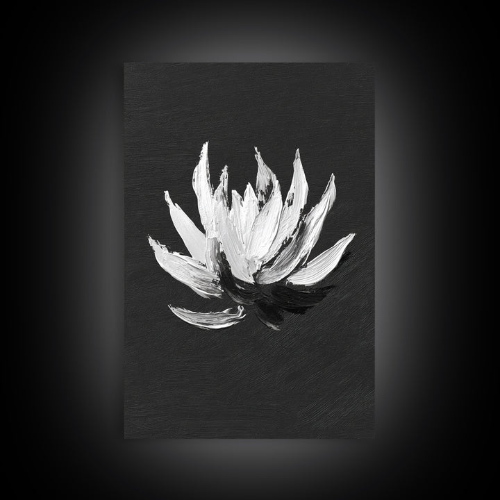 Black and White Oil Painting of Lotus Flower Minimalist Wall Art Original Canvas Print for Modern Home Decor