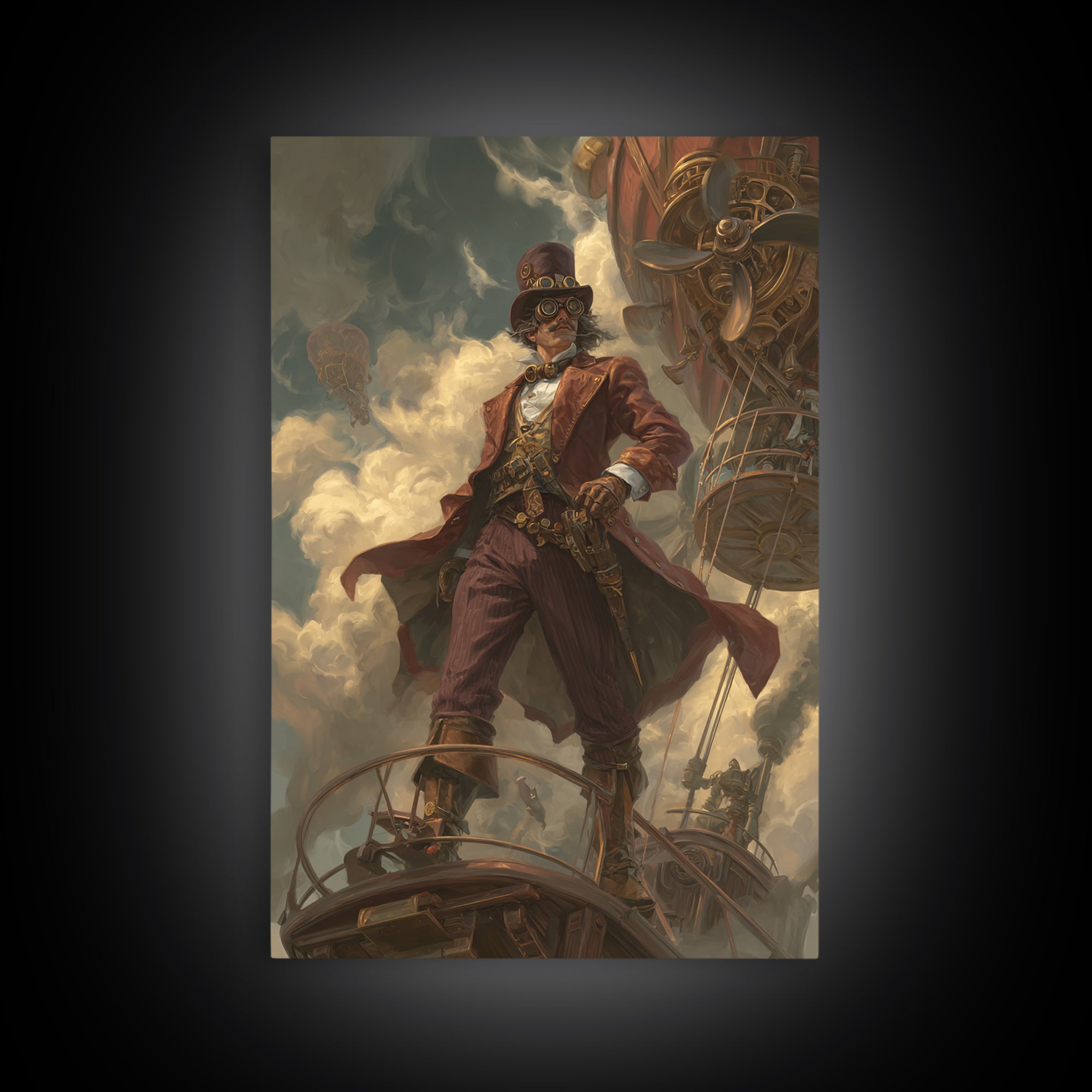 Airship Captain In Storm Clouds Canvas Print, Steampunk Fantasy Art, Industrial Wall Decor, Masculine Office Decor, Gift For Him