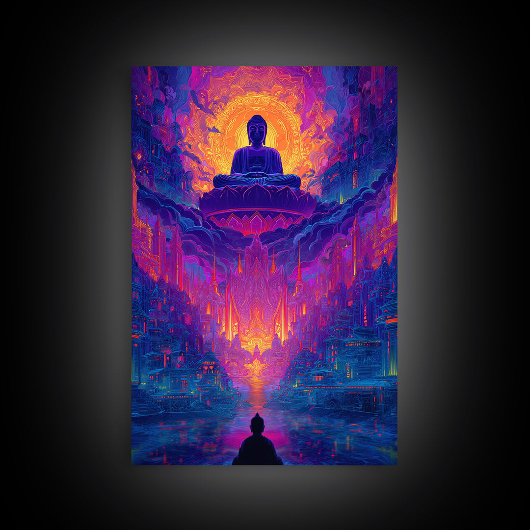 Vibrant Spiritual Buddha Cityscape With Radiant Glow Wall Art Modern Home Decor