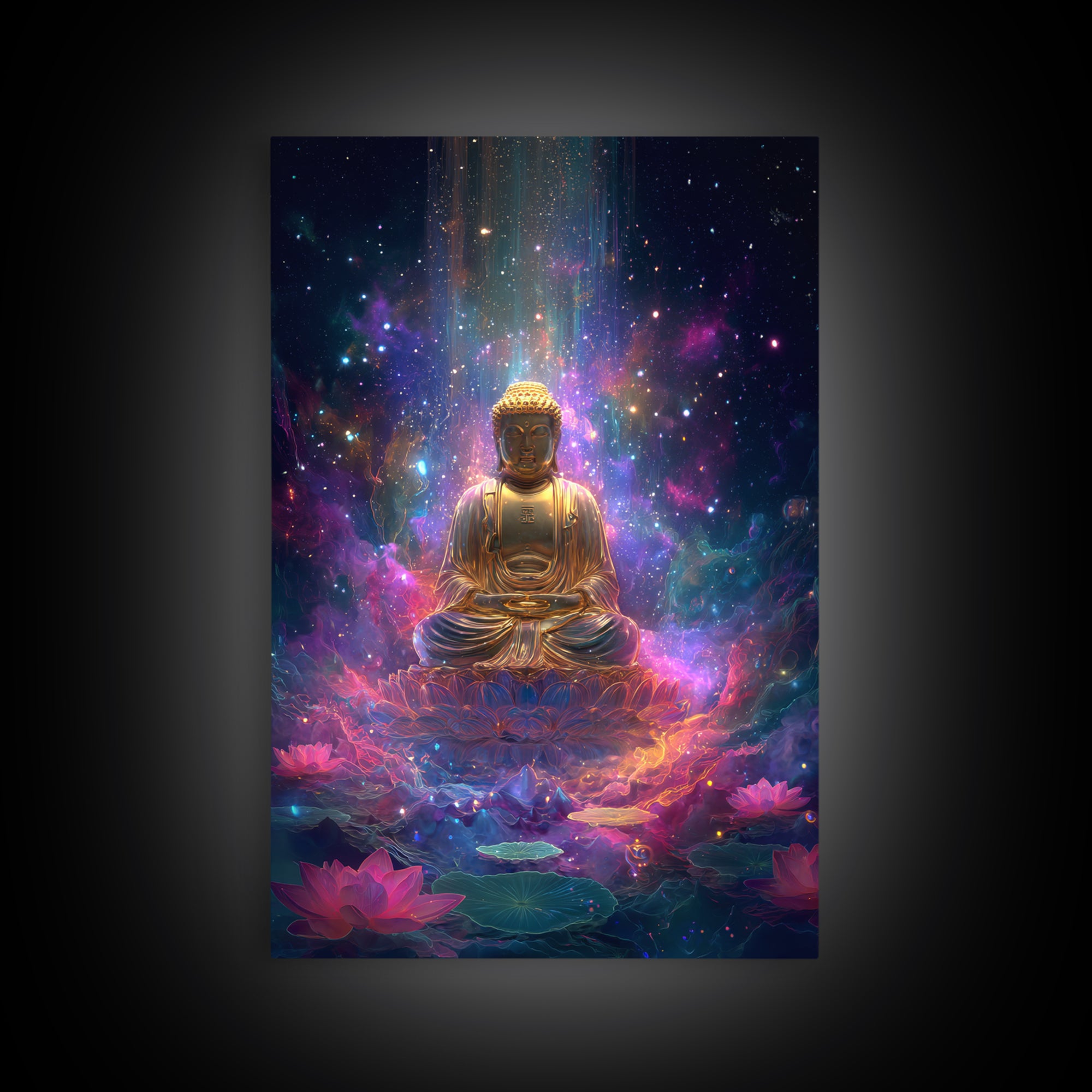Colorful Glowing Golden Buddha In Cosmic Space Spiritual Wall Art Framed Canvas Print For Home