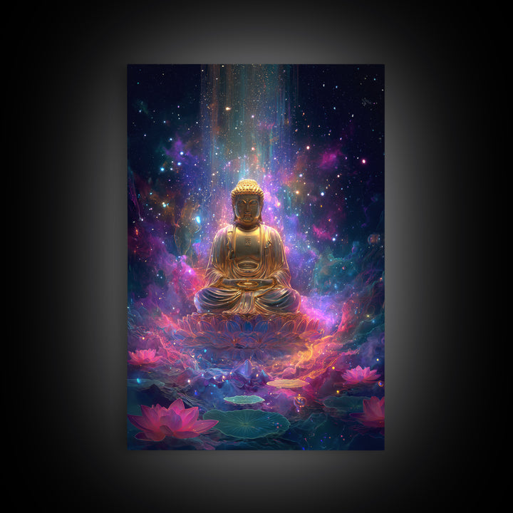Colorful Glowing Golden Buddha In Cosmic Space Spiritual Wall Art Framed Canvas Print For Home