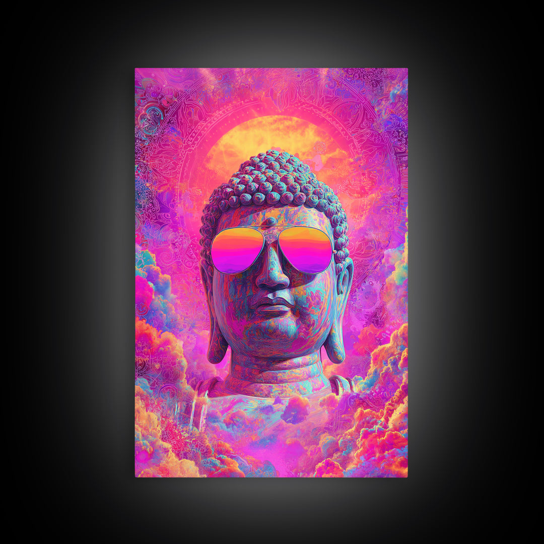 Vibrant Psychedelic Buddha With Colorful Sunglasses Spiritual Wall Art Framed Canvas Print