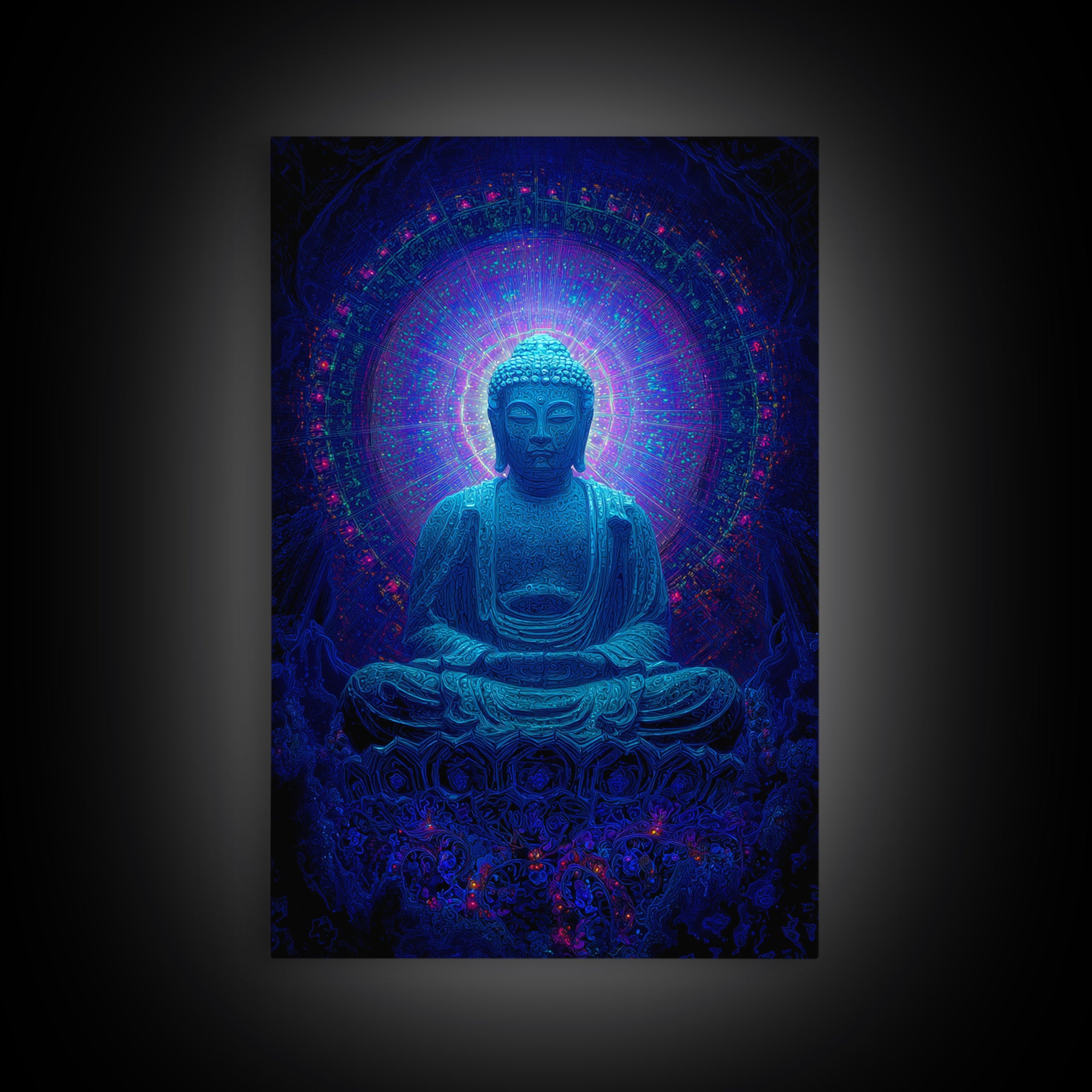 Mystical Blue Buddha Statue With Radiant Halo Spiritual Wall Art Framed Canvas Print For Meditation Room Decor