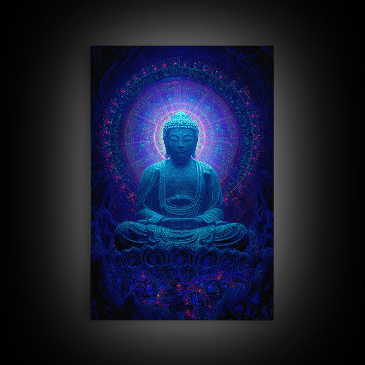 Mystical Blue Buddha Statue With Radiant Halo Spiritual Wall Art Framed Canvas Print For Meditation Room Decor