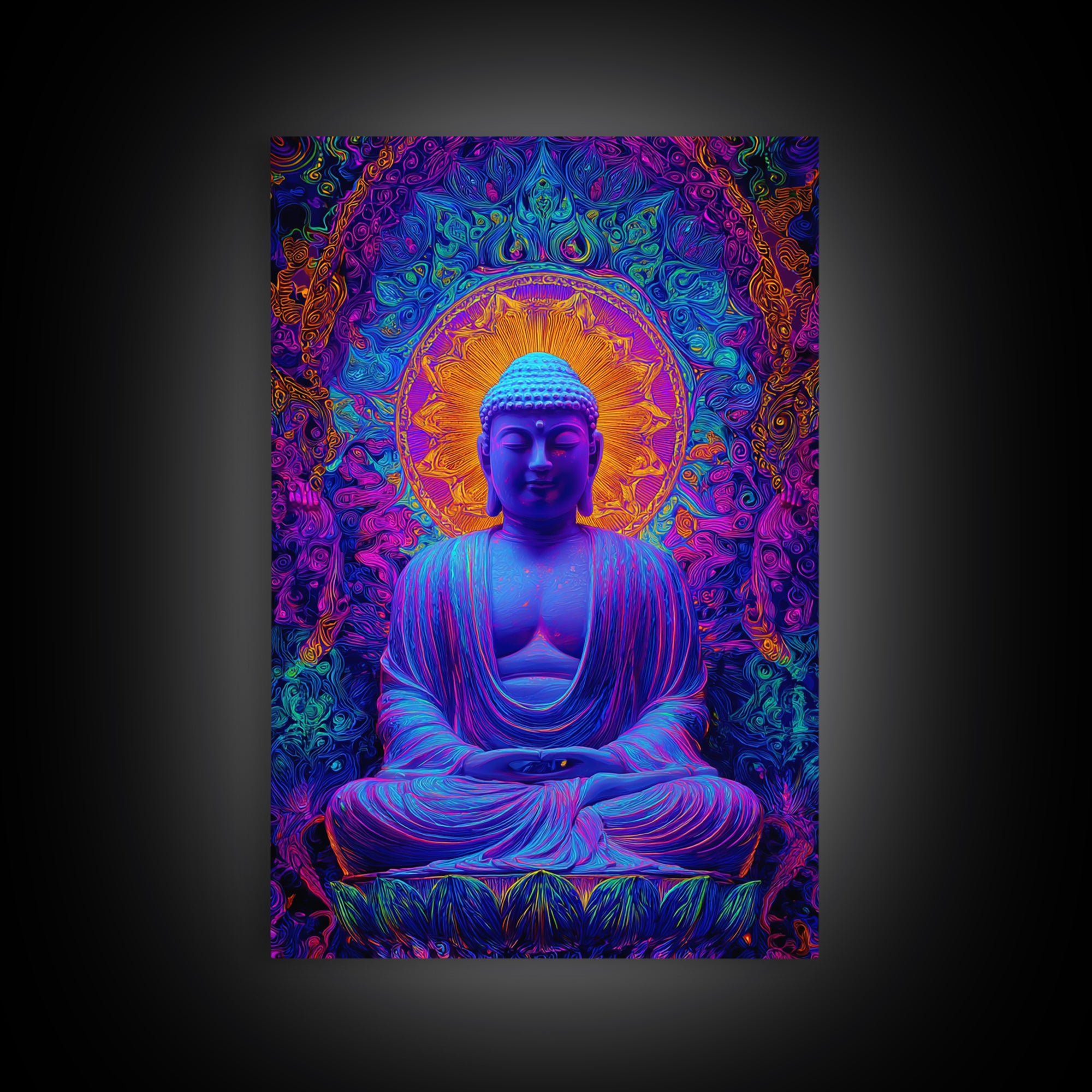 Vibrant Psychedelic Buddha Meditation Digital Painting Modern Wall Art Framed Canvas Print Spiritual Decor