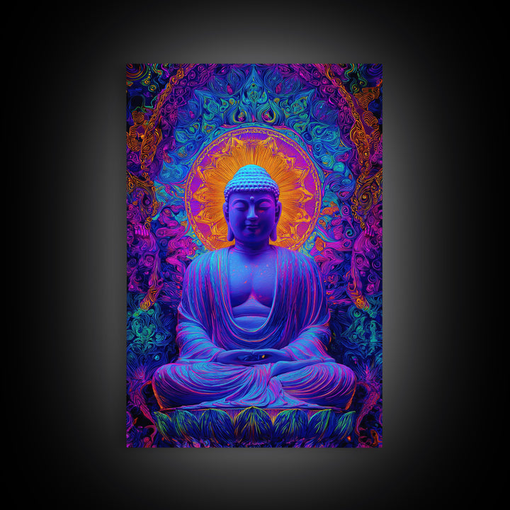 Vibrant Psychedelic Buddha Meditation Digital Painting Modern Wall Art Framed Canvas Print Spiritual Decor