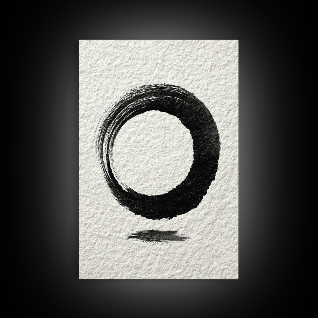Minimalist Black Ink Circle Zen Enso Brushstroke Wall Art On Textured Paper Abstract Art Framed Canvas Print For Home Office Decor