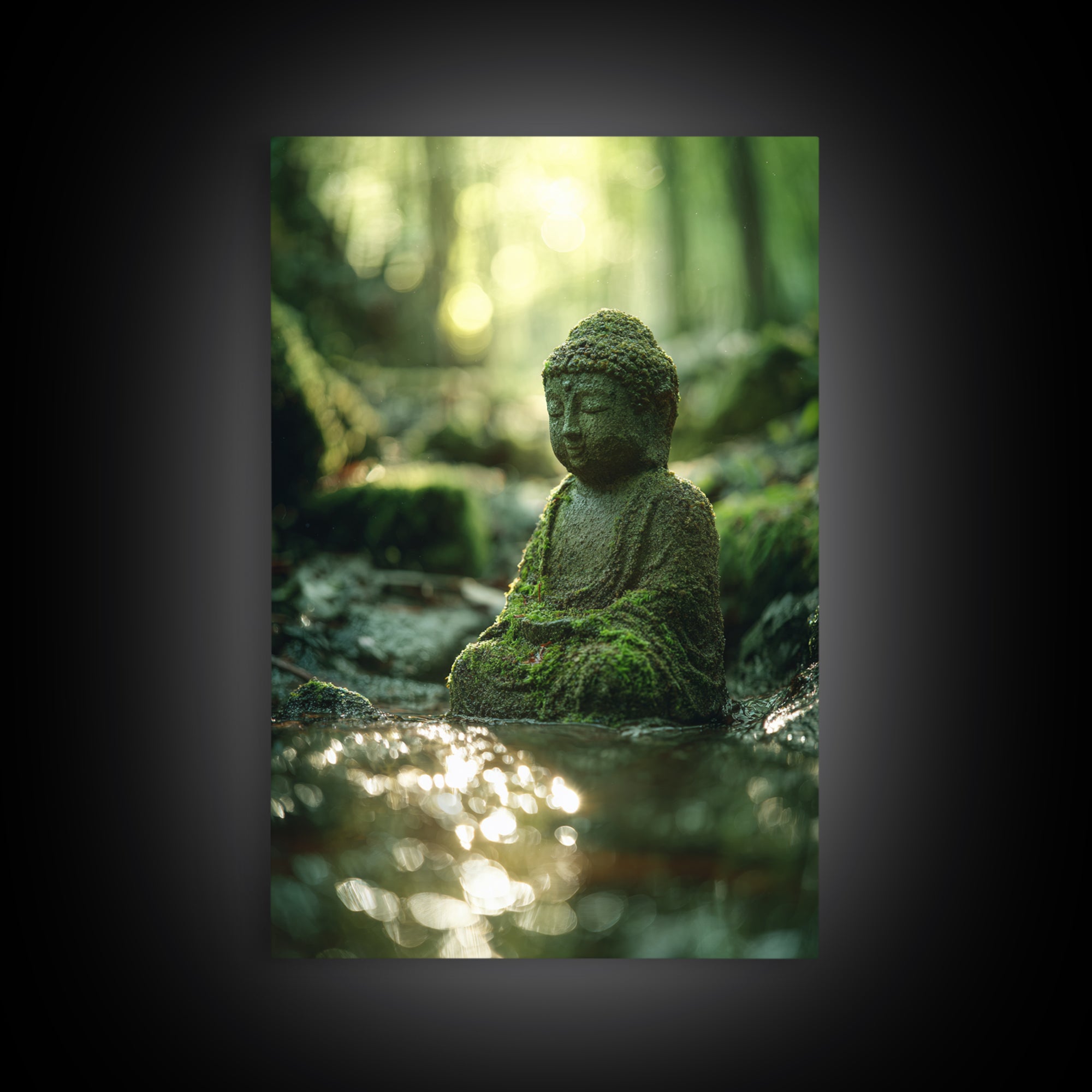 Serene Moss covered Buddha Statue Meditation Forest Wall Art Framed Canvas Print For Zen Home Decor