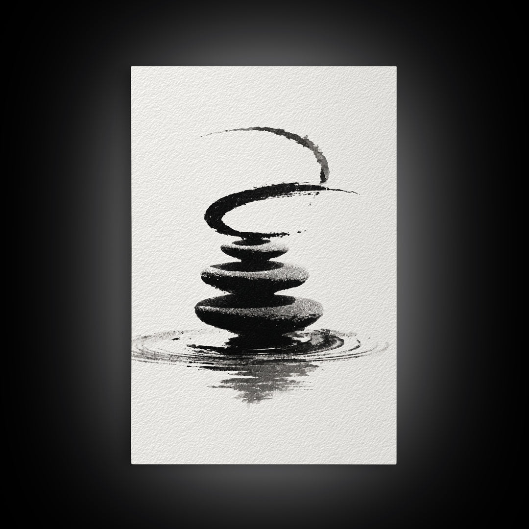Zen Black And White Inkwash Painting Of Stacked Stones With Circle And Ripples Minimalist Wall Art For Office Decor Canvas Print