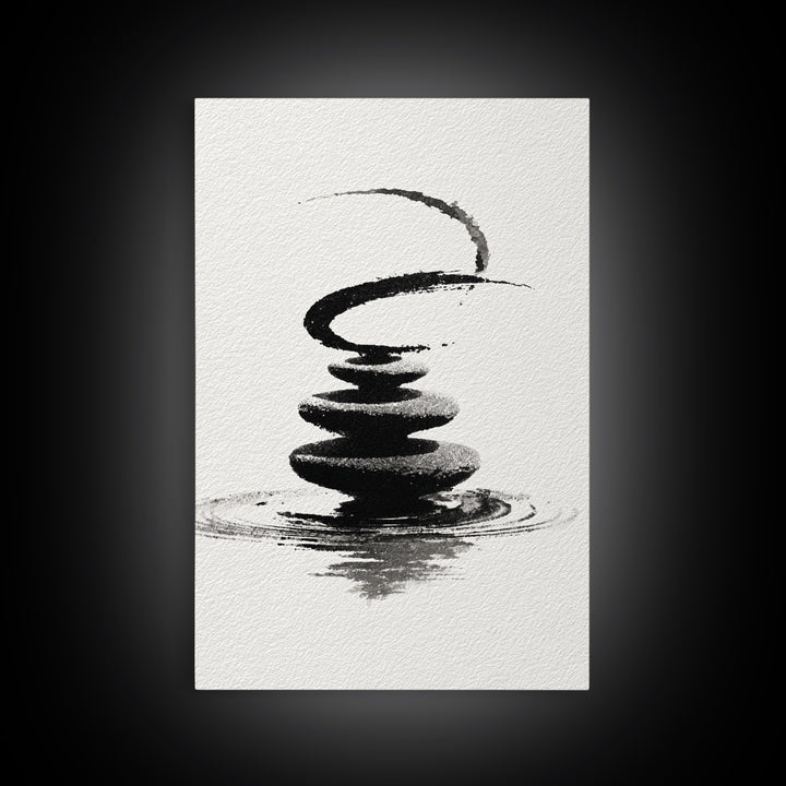 Zen Black And White Inkwash Painting Of Stacked Stones With Circle And Ripples Minimalist Wall Art For Office Decor Canvas Print