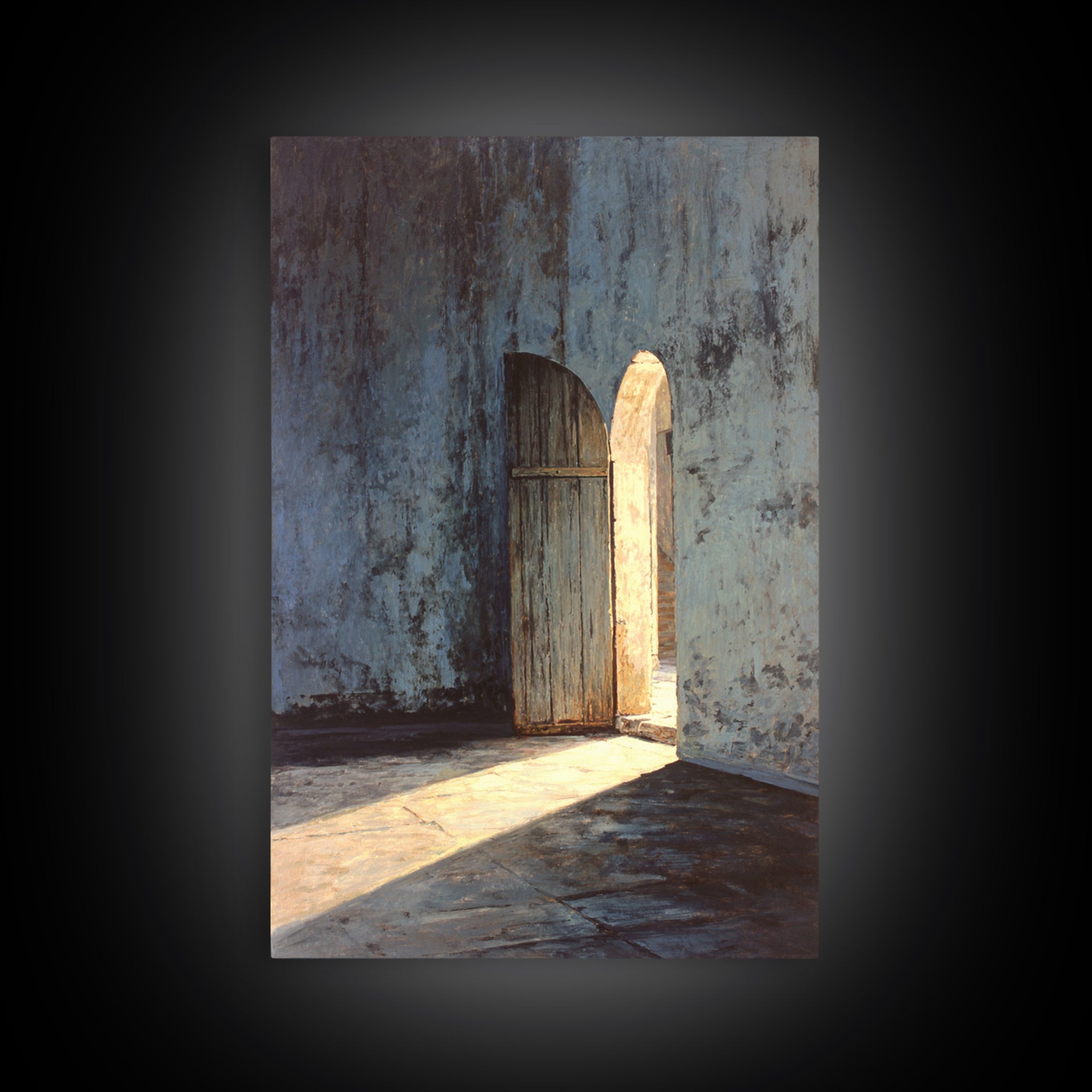 Sunlit Rustic Wooden Doorway In Textured Blue Wall Original Oil Painting Wall Art Framed Canvas Print Historic Architectural Art Print