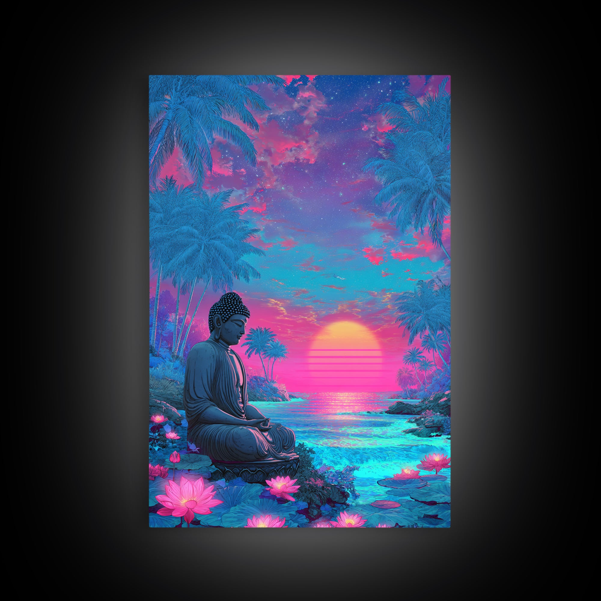 Vibrant Sunlit Buddha Amid Tropical Plants Calm Spiritual Wall Art Canvas Print For Meditation Room or Bedroom Decor