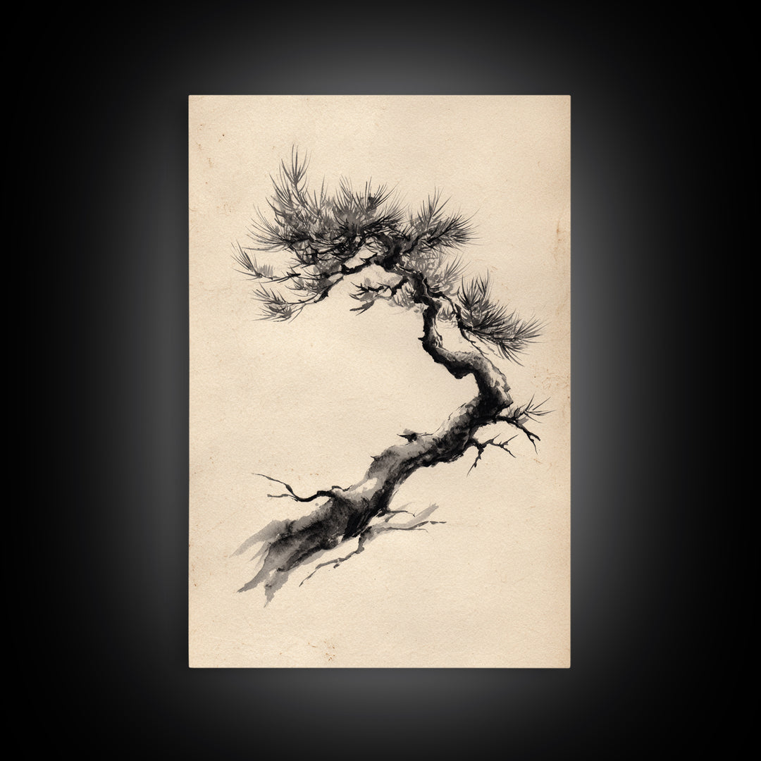 Elegant Black Ink Brush Style Bonsai Tree On Textured Natural Paper Minimalist Botanical Wall Art Print