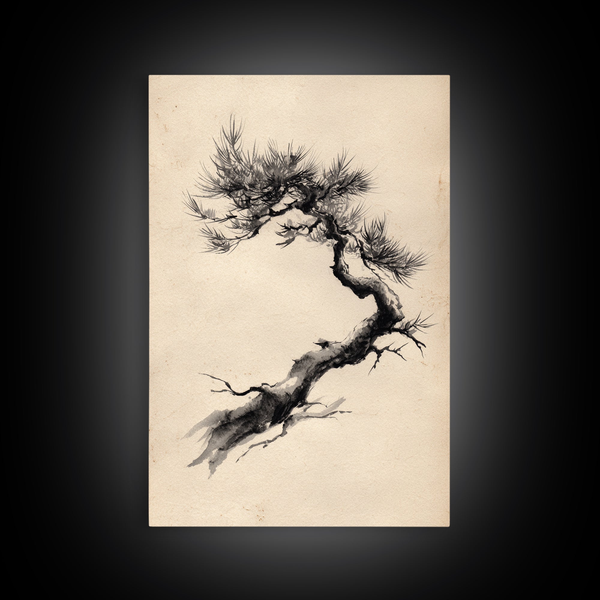 Elegant Black Ink Brush Style Bonsai Tree On Textured Natural Paper Minimalist Botanical Wall Art Print