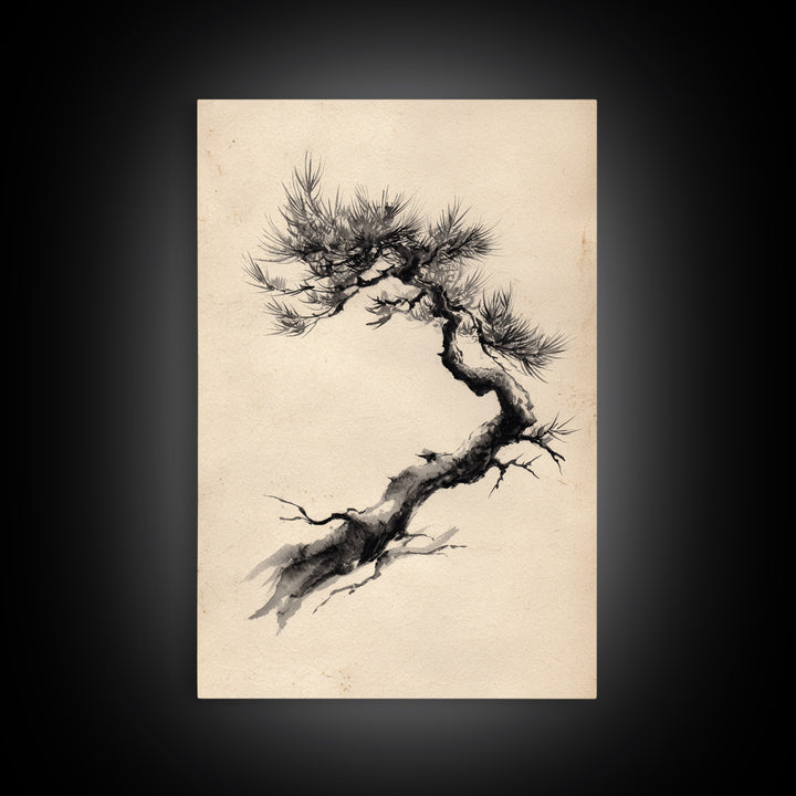 Elegant Black Ink Brush Style Bonsai Tree On Textured Natural Paper Minimalist Botanical Wall Art Print
