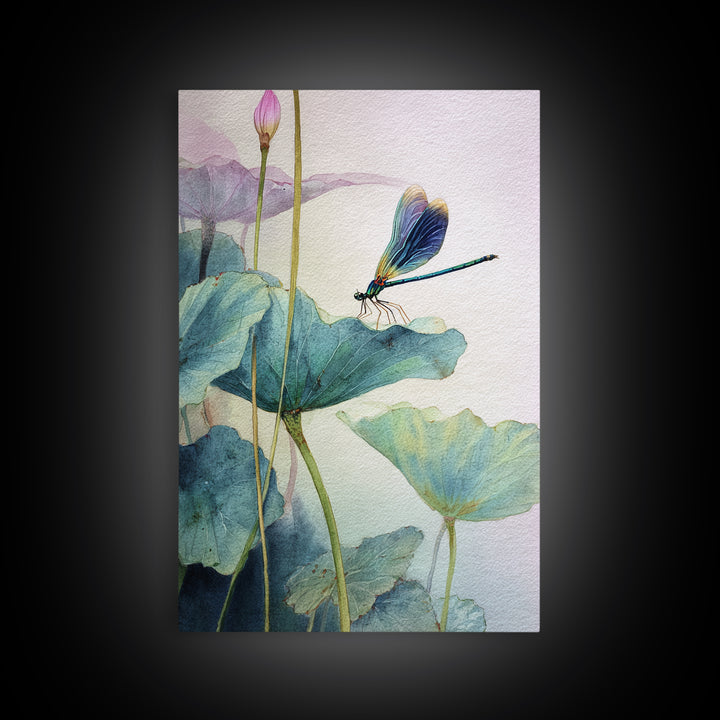 Elegant Watercolor Painting Of Dragonfly On Lotus Leaves With Soft Pastel Background Abstract Art Print Wall Art
