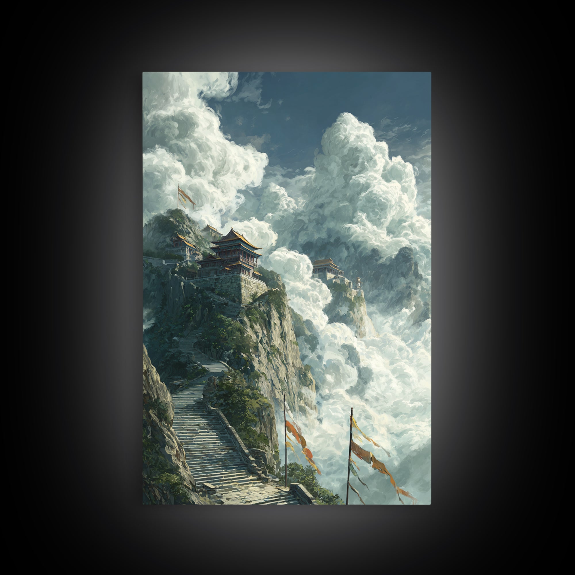 Epic Mountainous Landscape With Towering Clouds And Ancient Temple Original Scenic Wall Art Framed Canvas Print Dramatic Nature Painting