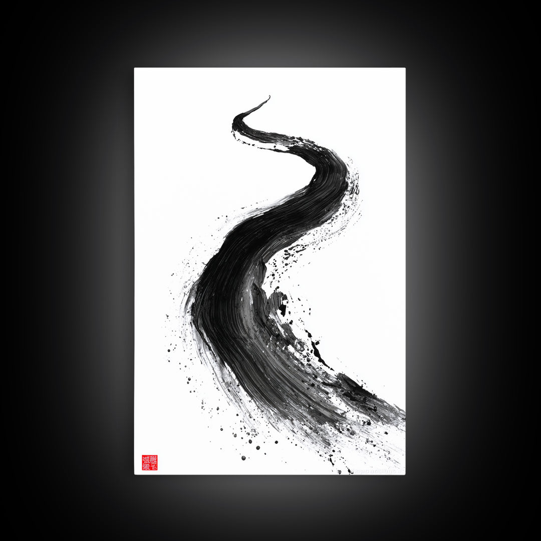 Dynamic Abstract Black Ink Brush Stroke Flow Calligraphy Art Print Minimalist Wall Art For Modern Home Decor Framed Canvas Print