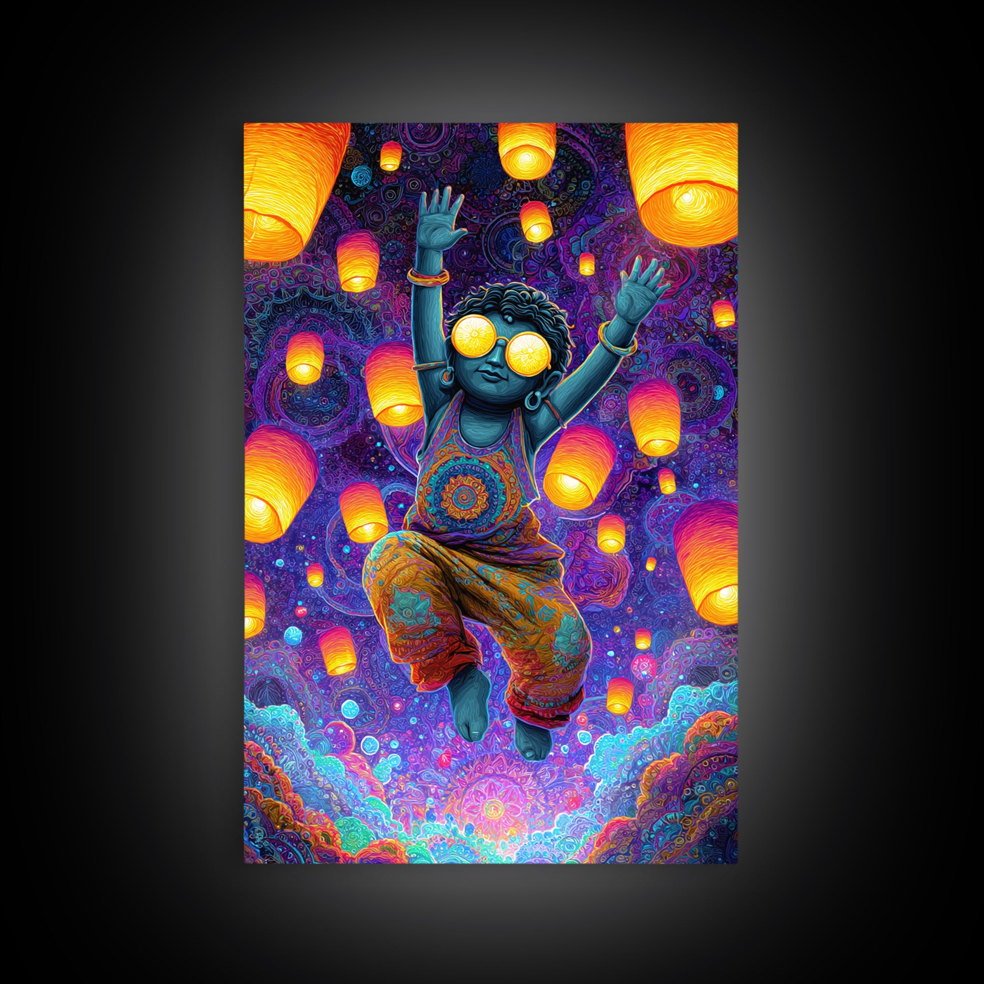 Joyful Blue Child With Lanterns Colorful Abstract Painting Wall Art For Kids Room