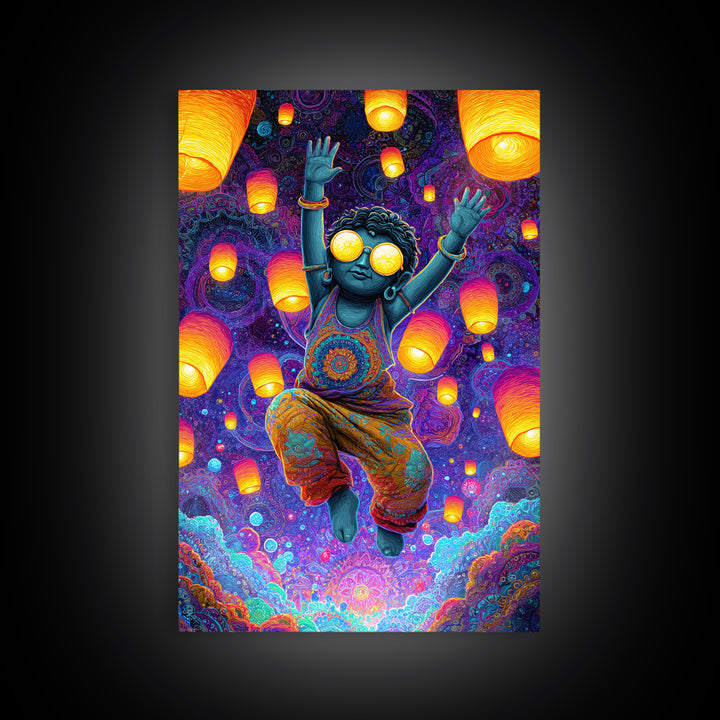 Joyful Blue Child With Lanterns Colorful Abstract Painting Wall Art For Kids Room