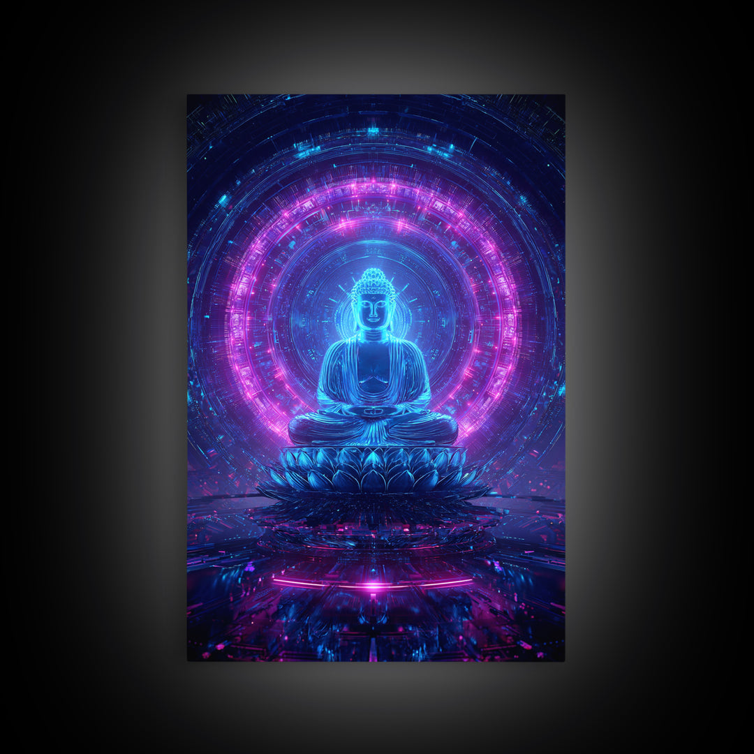 Futuristic Buddha Neon Cyber Meditation Spiritual Wall Art Framed Canvas Print for Modern Zen Home Decor