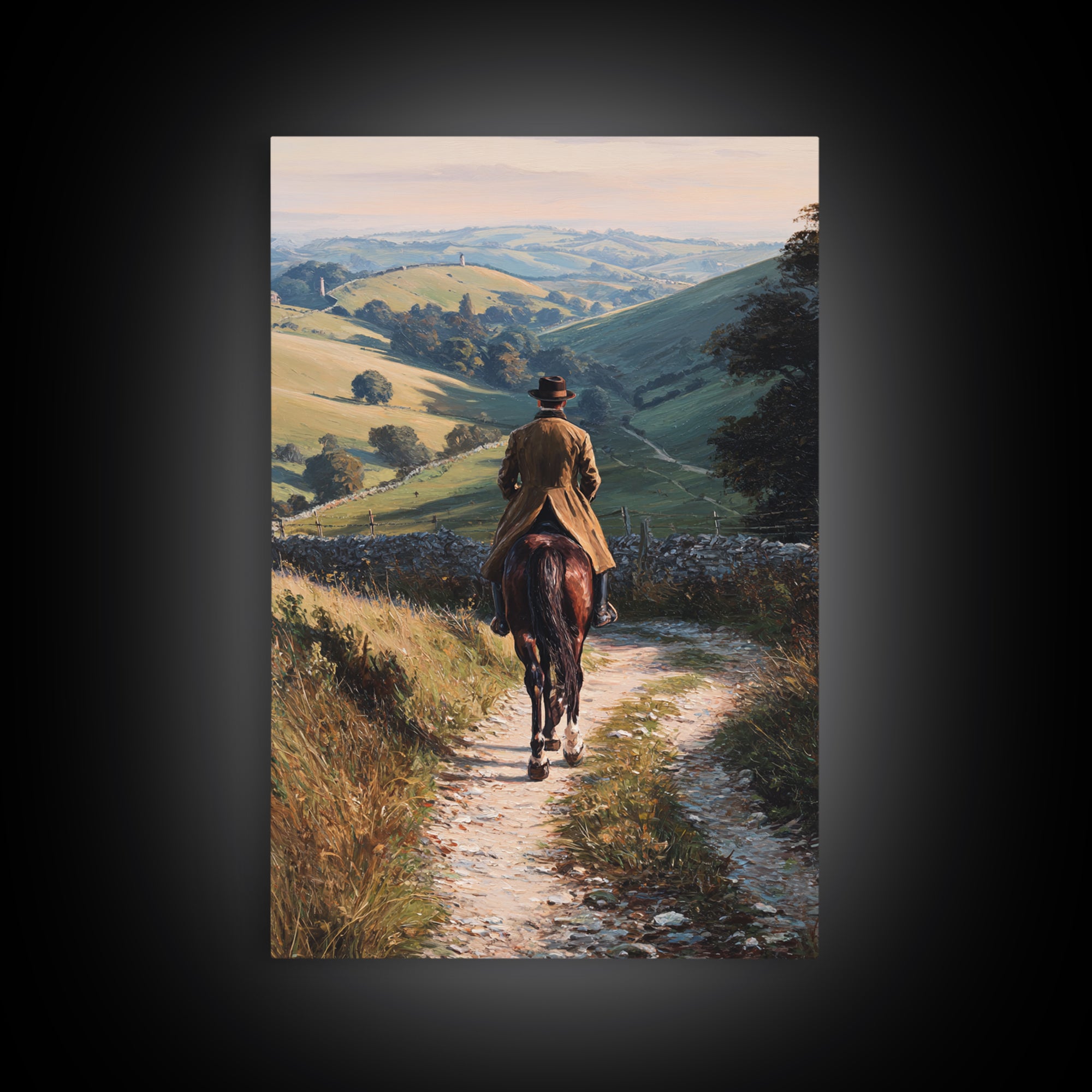 Equestrian Rider On Country Lane Framed Canvas Print, Rolling Hills Landscape Art, Horse Wall Decor, Rustic Farmhouse Decor
