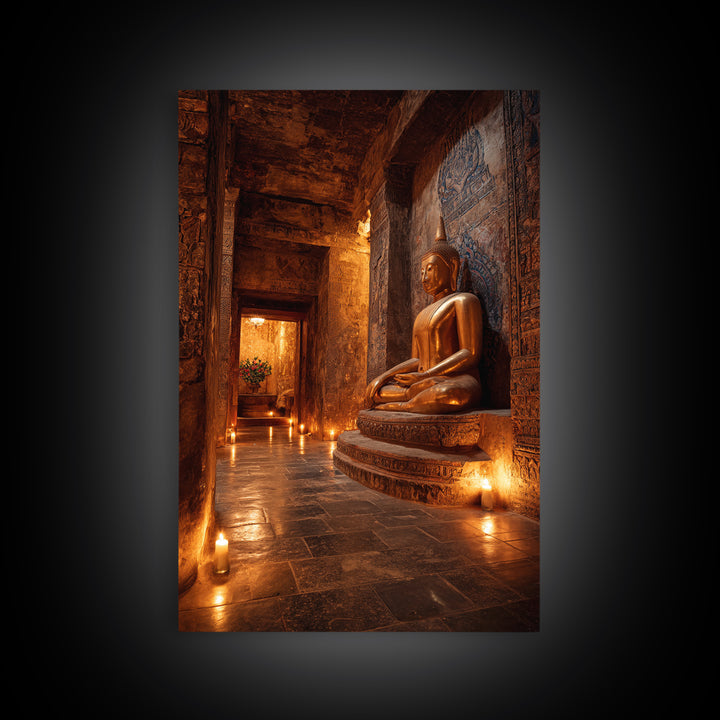 Ancient Temple Buddha Statue Lit By Candlelight Mystical Wall Art Canvas Print Sacred Asian Home Decor