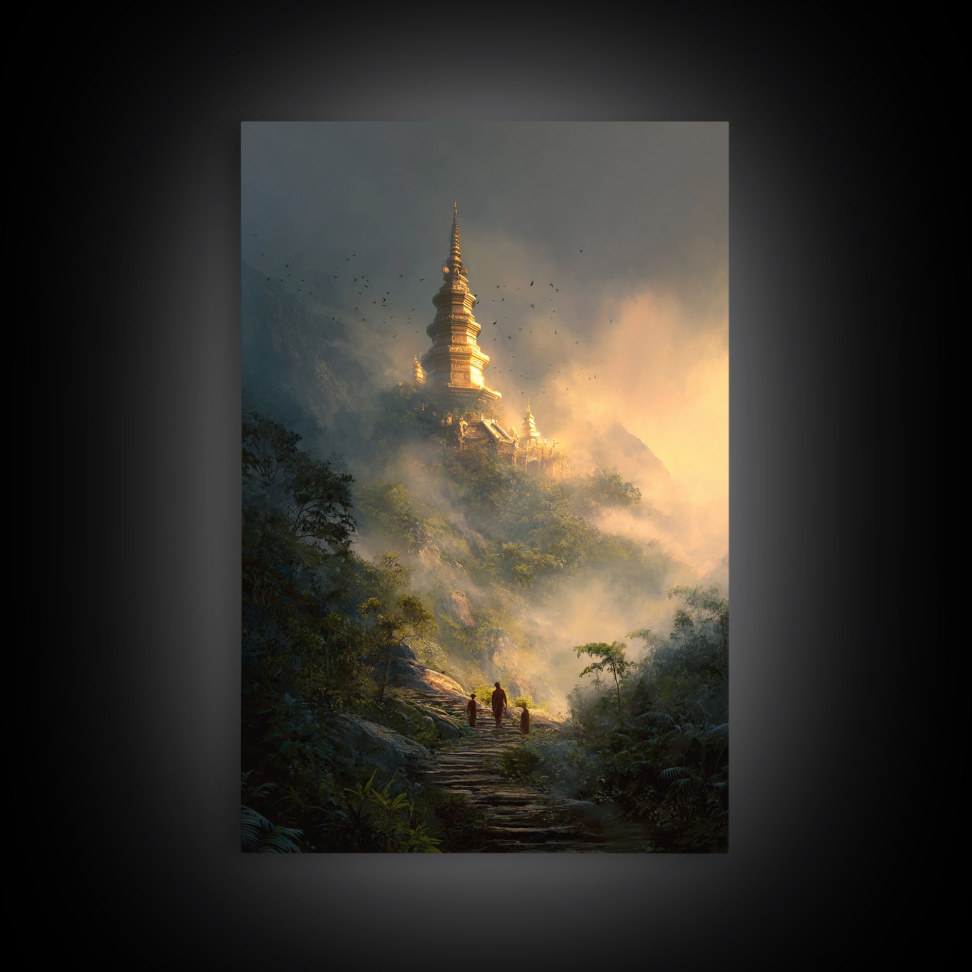 Mystical Misty Mountain Temple Landscape Wall Art Canvas Print For Spiritual Home Decor And Calming Living Room Decoration