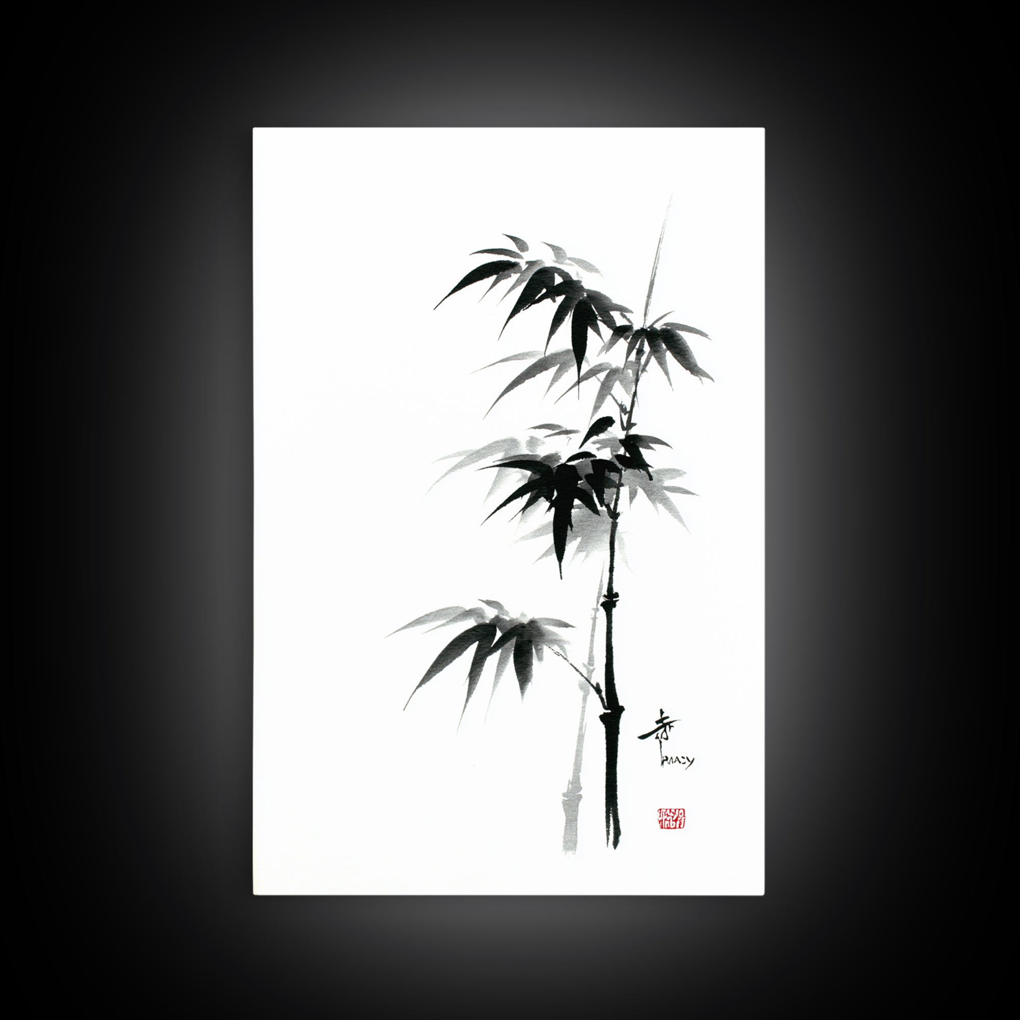 Traditional Black Ink Bamboo Painting Canvas Print, Japanese Sumi-e Style Wall Art, Elegant Minimalist Home Decor