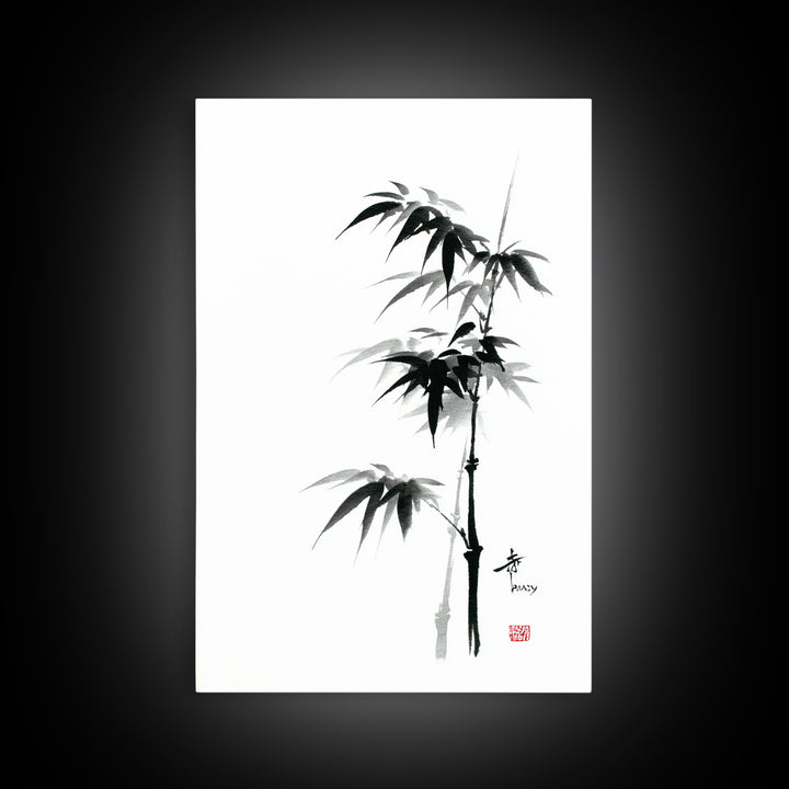 Traditional Black Ink Bamboo Painting Canvas Print, Japanese Sumi-e Style Wall Art, Elegant Minimalist Home Decor