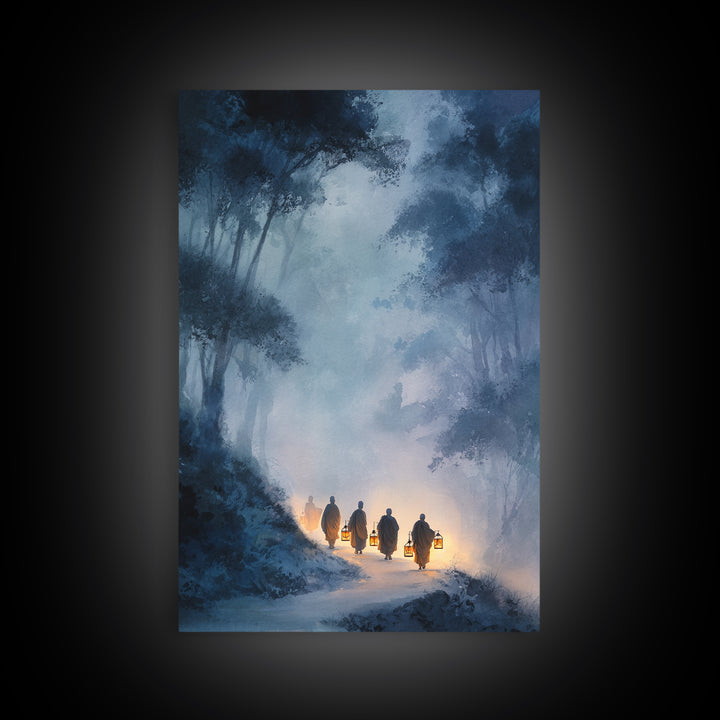Mystical Buddhist Monks Carrying Lanterns Through Misty Forest Path Wall Art Print For Tranquil Home Decor