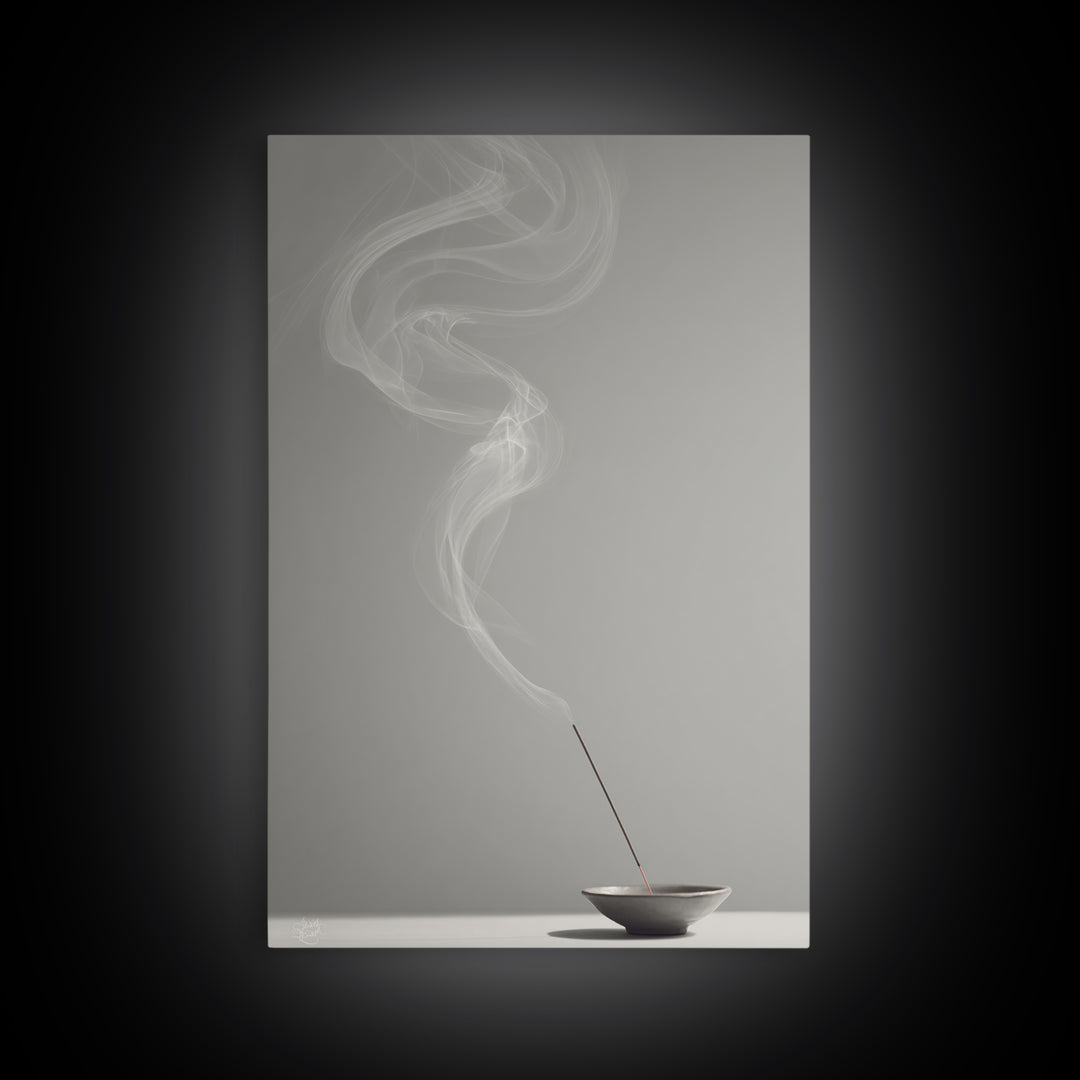 Mystical Incense Stick With Smoke Swirls On Minimalist Gray Background Canvas Print For Relaxation Spaces