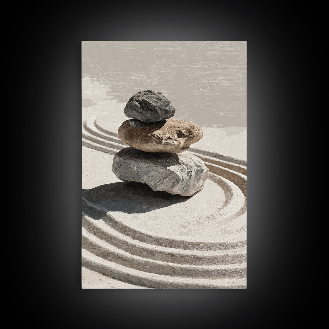 Zen Stones And Sand Minimalist Wall Art Print Tranquil Home Decor Framed Canvas Print