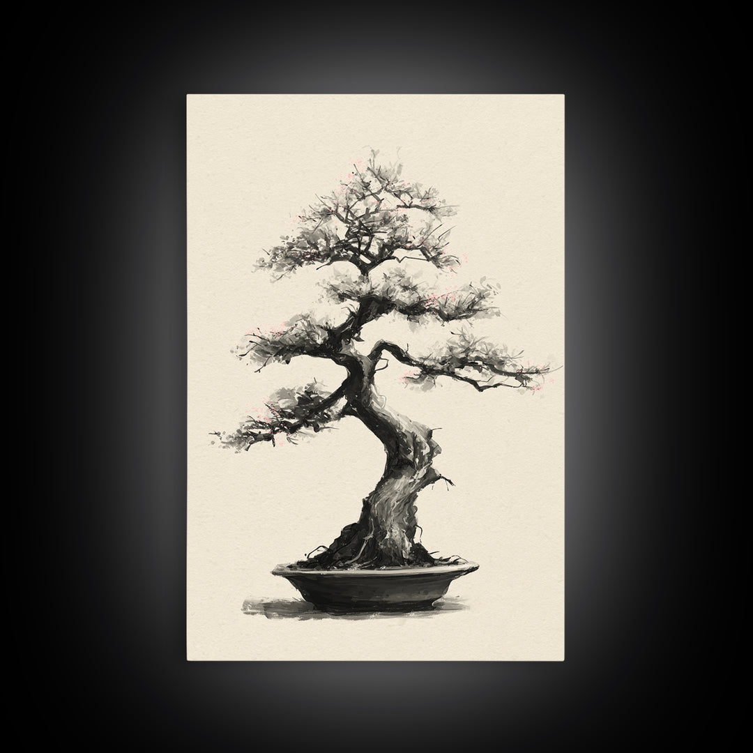 Delicate Bonsai Tree Traditional Ink Style Painting Wall Art Framed Canvas Print For Japanese Inspired Home Decor